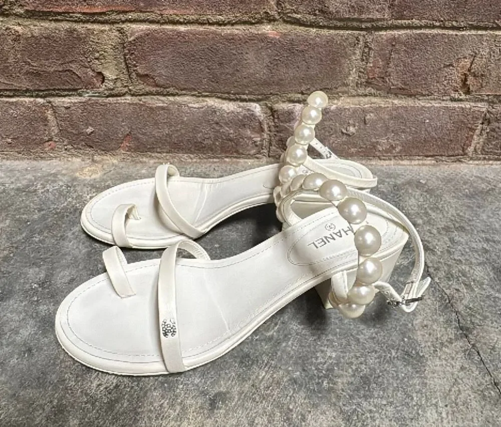 Chanel White Pearl Matte Leather Slingback Block Heel Sandals Size 37 US 7
